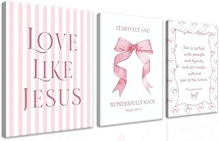 Coquette Pink Bow Wall Art Set of 3, Light Pink Bow Dorm Room Wall Decor Paintings, Inspirational Scripture Verses Canvas Posters Prints Pictures for Girls Dorm Room Bedroom Bathroom 12x16 Inch Framed