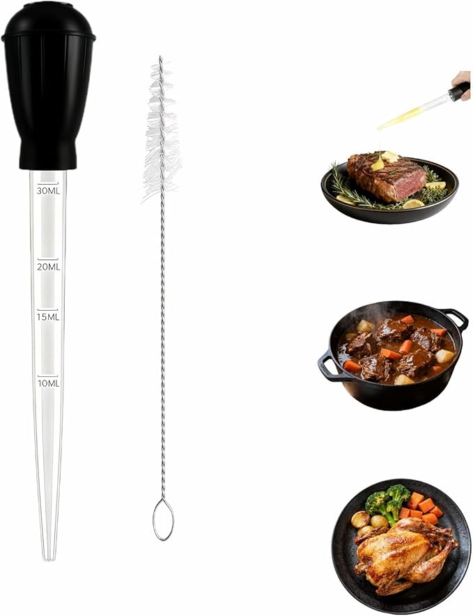 Professional Kitchen Marinade Injector, 30ml Food-Grade Heat-Resistant Meat Syringe with Cleaning Brush, Clear Scale Markings, Non-Slip Grip for Juicy Turkey, Poultry, Beef (Black(Large))