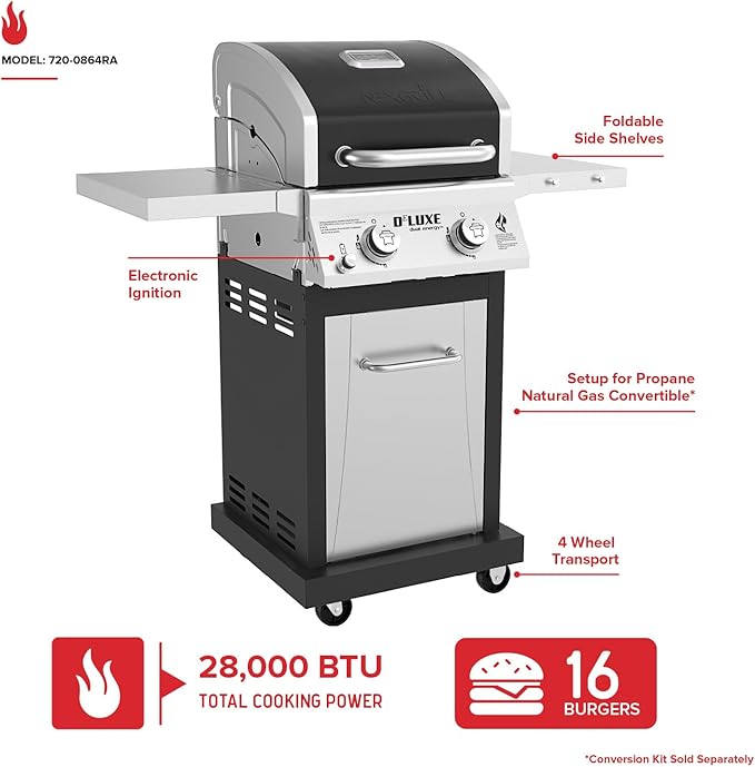 Nexgrill Deluxe 2-Burner Gas Grill with 401 SQ In Grate, 28000 BTUs, Stainless Steel Control Panel & Foldable Side Table, Propane BBQ Grill for Outdoor Cooking, Patios, Backyards and More - 720-0864RA