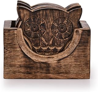 NIRMAN Wooden Crafted Coaster Set of 6 with Coasters Holder for Drink Bar Coaster Tea Coffee Mug Tabletop Barware Drink Handmade Dining Home Decor (Owl Shape)