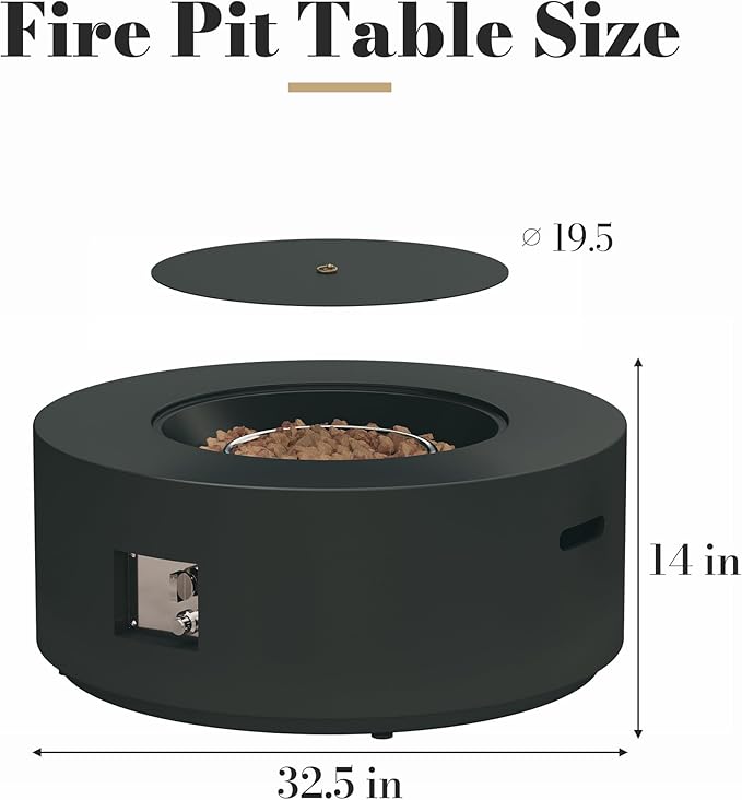 32.5 Inch Propane Fire Pit Table, 50,000 BTU Round Patio Fire Pit Table Outdoor, CSA Certified, Stainless Burner with Steel Lid, Waterproof Cover & Lava Rocks, for Garden Backyard, Black