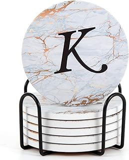 Monogrammed Coasters for Drinks Absorbents with Holder, Set of 6 Ceramic Marble Style Drink Coaster with Cork Base,Personalized Coasters Customizable with Name, Housewarming Gifts