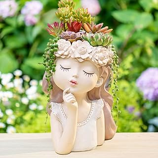 Succulent Plant Pot Drainage Hole large girl face planter pot big Resin lady head planter 11 inch tall flower vases indoor Outdoor plants fairy garden gift female plants lover