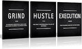 Large Office Painting, Grind Hustle Execution Motivational Poster Entrepreneur Quotes Workplace Canvas Wall Artwork Decoration 3 Panels for Office Home Framed