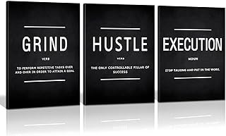 Large Office Painting, Grind Hustle Execution Motivational Poster Entrepreneur Quotes Workplace Canvas Wall Artwork Decoration 3 Panels for Office Home Framed