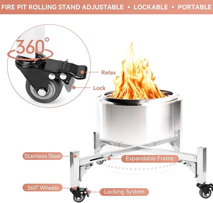 Fire Pit Rolling Stand for Solo Stove Bonfire - 18.18–27.55" Adjustable Fire Pit Stand with Locking Wheels, Stainless Steel Outdoor Fire Pits for Universal Solo Stove Bonfire Ranger and Yukon