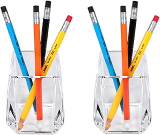 COM. TOP - Acrylic Pen Holder, Clear Desk Pen Cup, Office Supplies, Stationery Organizer, Makeup Brush Holder, 2 pack