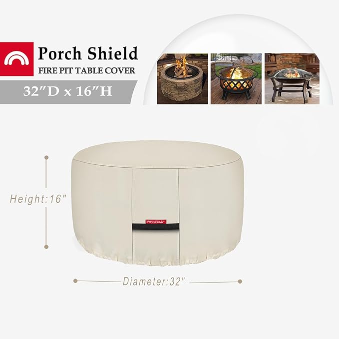 Porch Shield Fire Pit Cover - Waterproof 600D Heavy Duty Fade Resistant Round Patio Fire Bowl Cover Beige - 32 inch