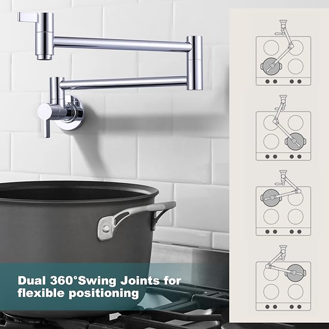 Pot Filler Faucet Chrome, ARCORA Modern Pot Filler Wall Mount 2 Handle with Double Joint Swing Arms Brass Stove Faucet