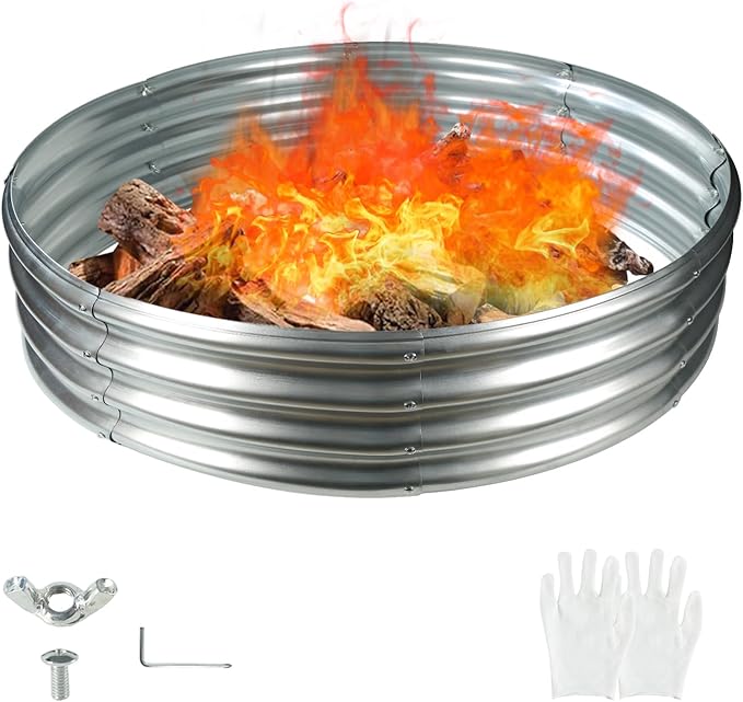 YSEJOMP 60 Inch Diameter Round Galvanized Fire Pit Ring/Fire Ring - Foldable and Perfect for Outdoor Gatherings and Campfires in The Yard/Garden/Park/Beach (5 FT Diameter, Silver)
