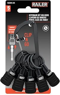 Railer Bit Holder Keychain 5pc - 1/4 inch Hex Shank Aluminum Alloy Bit Holders - Quick Release Bit Holder for Nut Driver, Screwdriver & Drill Bits w/Carabiner - Tool Gifts for Men