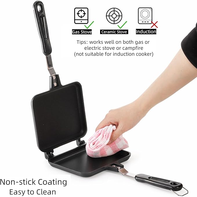 Cididu Hot Sandwich Maker, Grilled Sandwich Toaster for Small Bread Pancake, Double Sided Non-Stick Frying Pan, Stovetop Sandwich Grill Press Flip Pan for Camping Kitchen (Inside 5.4" L x 4.7" W)
