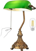Vintage Green Glass Bankers Desk Lamp for Home Office,Library with Pull Chain Switch Plug in Fixture, LED Bulb Included