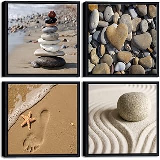 Wieco Art Framed Canvas Art Romantic Beach Theme 4 Panels Modern Artwork Sea Ocean Canvas Prints Contemporary Abstract Pictures on Canvas Wall Art for Living Room Decorations