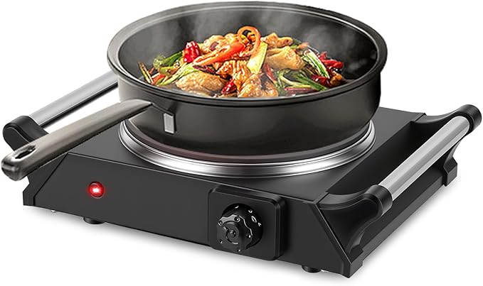 1000W Electric Single Burner, Silicon Crystal Glass Hot Plate Cooktop with 5 Temperature Stepless Adjustments Portable Handles for RV/Home/Camp (Single Burner)
