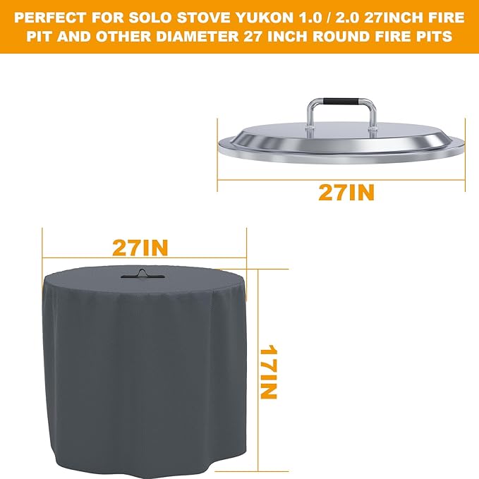 27" Fire Pit Lid with Handle for Solo Stove Yukon 1.0 / 2.0 Fire Pits, Stainless Steel Fire Pit Hard Cover with Fire Pit Cover, Camping Stove Accessories for Other 27" Outdoor Low Smoke Stoves
