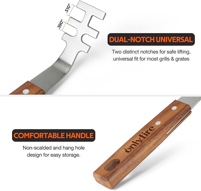 onlyfire 2 Grate Liftes, Stainless Steel Cooking Grid Lifter Gripper Picker Grill Accessories BBQ Utensil Universal Grill Tool for Cast Iron and Stainless Steel Grates