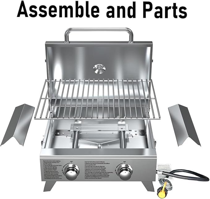 BBQCuker Portable Propane Gas Grill 2-Burner Tabletop with Foldable Legs for Outdoor Camping Cooking Two 10,000 BTU Burners Stainless Steel, and Built-in Thermometer Chef's Style