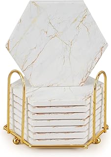 Coasters for Drinks with Holder, Absorbent Marble Coaster Set of 8, Ceramic White and Gold Coasters for Coffee Table,Housewarming Gift,Tabletop Protection, Home Decor