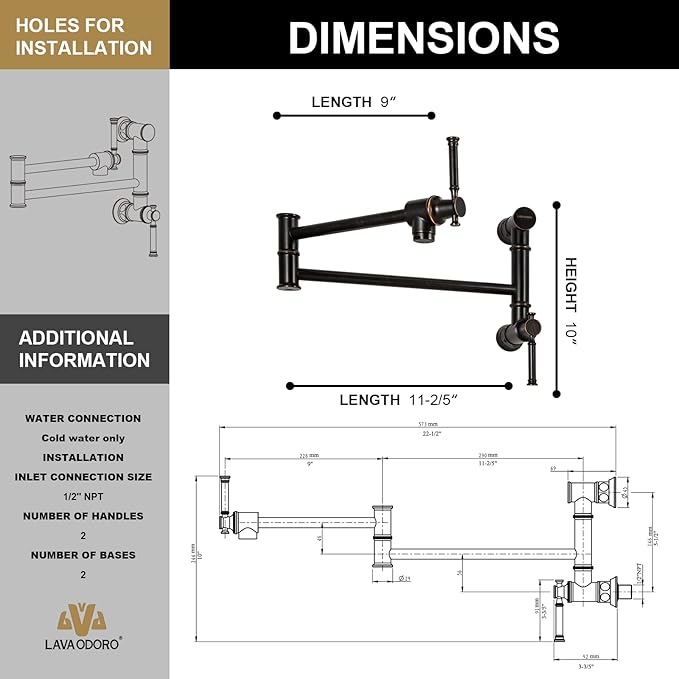Oil Rubbed Bronze Pot Filler, Lava Odoro Contemporary Pot Filler Faucet Two-Attachment Wall Mount Folding Kitchen Pot Filler Faucet with Swing Arm, PF312-ORB