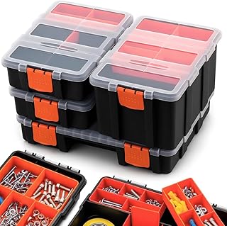 Andalus Tools Organizer Box, Small Parts Storage Multi-Compartment Portable Hardware Organizer Removable Plastic Dividers for Screws, Nuts, Bolts, Nails – Orange (4 Set, 12.2" x 9.1" x 7")
