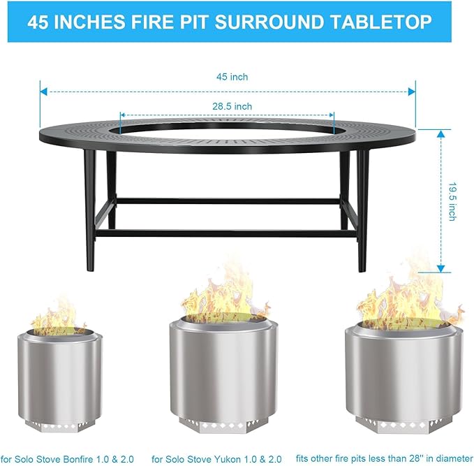 LS'BABQ 45" Fire Pit Surround Tabletop with Waterproof Cover for Solo Stove Yukon & Bonfire, Round Outdoor Fire Pit Table for Most Wood-Burning Stoves Under 28.5" Dia for Camping, Powder-Coated Steel