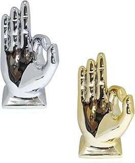 Zerzsy 2 Pack Gold Decor Finger Gesture Statues, “OK” Hands Sculpture Decor for Home Living Room Office,Sculptures Decorative Objects for Bookshelf Shelves Desk Table-Gold & Silver