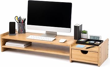 Bamboo 2-Tier Monitor Stand Riser with Drawers, Desktop Organizer for Laptop, Computer, Printer, Cellphone - Reduce Neck & Eye Strain, Office & Home Use
