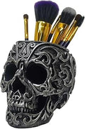 CUZOKOLA Gothic Skull Decor Makeup Brush Holder Vanity Decor with Strong Resin,Pen Holder for Home Office Desk Decorative&Succulent Flowerpot (Silver)