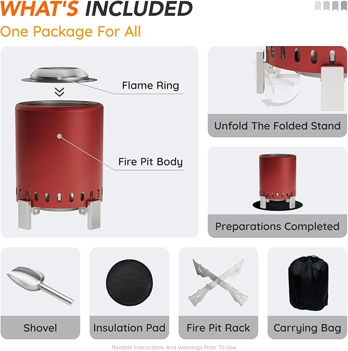 Mini Smokeless 7 Inch Tabletop Fire Pit with Pan Stand and Insulation Mat, Portable Stainless Steel Fire Pit for Camping, Patio Tabletop Firepit, Burns Wood or Pellets, Travel Bag Included, RED