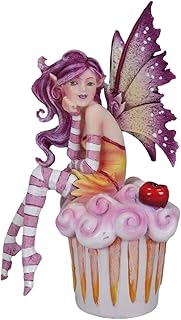 Ebros Colorful Amy Brown Pink Cherry Cupcake Elf Fairy Statue Sweet Tooth Collection 5.75" High Fantasy Mythical Faery Garden FAE Magic Watercolor Collectible Decor Figurine