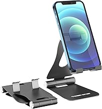 YOSHINE Cell Phone Stand, Upgraded Phone Stand for Desk, Adjustable Tablet Stand, Foldable Portable Aluminum Phone Holder, Cradle, Dock for All iPhone Smartphones and iPad Tablets(4-13in) - Black