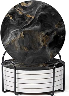 Set of 6 Abstract Black Marble Coasters with Holder, Absorbent Ceramic Coasters for Drinks, Coasters with Cork Backing for Table Protection, Housewarming Gifts for New Home