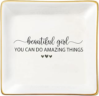 JoycuFF Inspirational Birthday Gifts for Teen Teenage Girls, Christmas Graduation Ceramic Trinket Dish Tray Jewelry Ring Holder Motivational Gifts Trendy Stuff for Best Friends Sister Daughter Niece