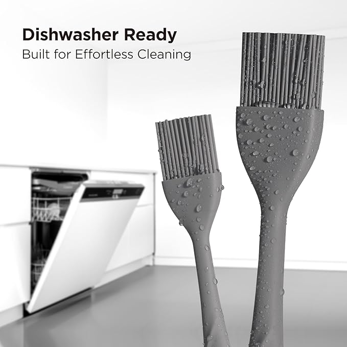 Kitchen Mama WaltzGrip Platinum Silicone Basting Pastry Brush: Set of 2 Heat-Resistant Brushes for Cooking, Baking, Grilling, and Spreading Oil or Butter - Dishwasher-Safe (Metal Gray)
