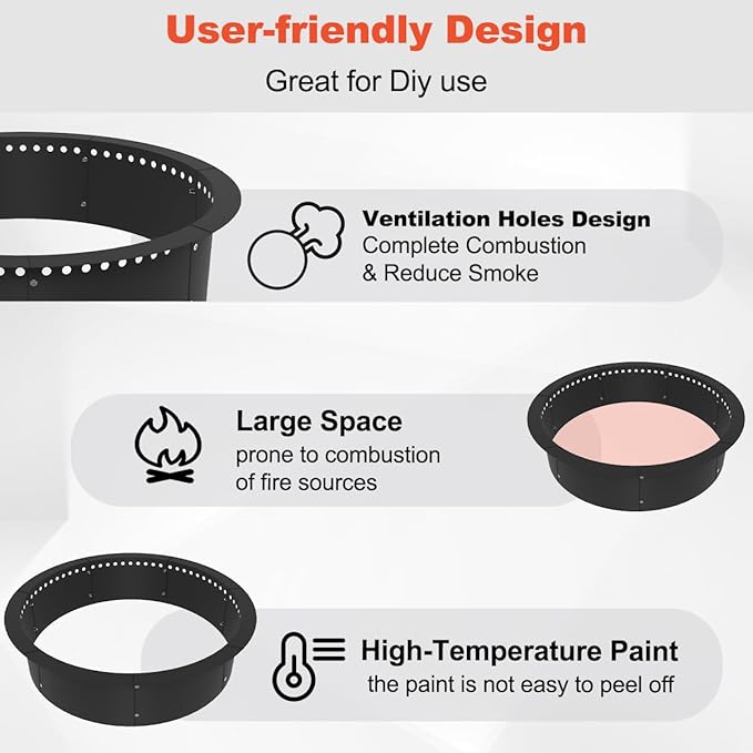 Koutemie Outdoor Smokeless Fire Pit Ring Liner 35-Inch Outer/31-Inch Inner Diameter, Heavy Duty Solid Metal Steel Round Firepit Rim Insert for Outside DIY Campfire Ring Above or In-Ground, Black