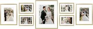 Golden State Art, Picture Frame Set 7 Pack, Gallery Wall Frame with One 11x14, Two 8x10, and Four 5x7. Aluminum Photos Frame for Wall or Tabletop Display (Style 1, Gold, 7 Pack)