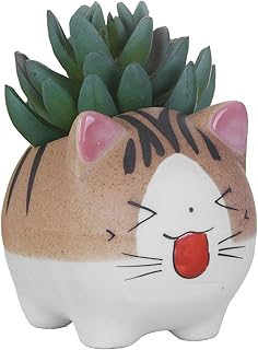 VanEnjoy 4.7 Inch Larger Handmade Cute Cartoon Ceramic Succulent Cat Pot With Drainage Hole, Flower Pot, Ornaments - Gifts for Cat Lovers Office (Tongue Sticking)