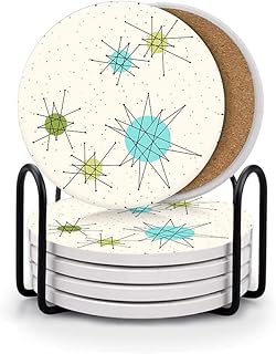 HUXJOKO Coasters for Drinks Set of 6,Mid Century Modern Design Absorbent Ceramic Coaster,Round Stone Mat,with Cork Base and Metal Holder for Coffee Table Room Bar Home Decor Housewarming Gifts