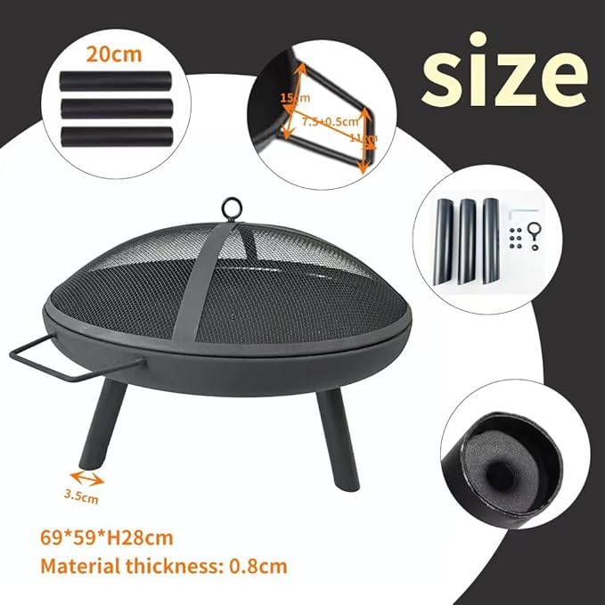 23inch Portable Fire Pit with Fire Poker and Spark Screen, 2 in 1 Small Round Outdoor Fireplace for Outside Heating, Bonfire Party, Camping, Backyard, Patio, Garden, RV Trip