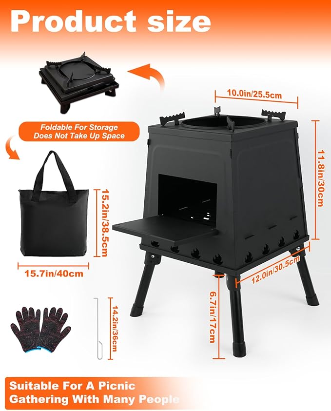 Portable Wood Burning Stove - Lightweight Cast Iron Camp Stove for Backpacking，Portable and Easy-To-Assemble Backpacking Camping Stove Kit (Black, Large)
