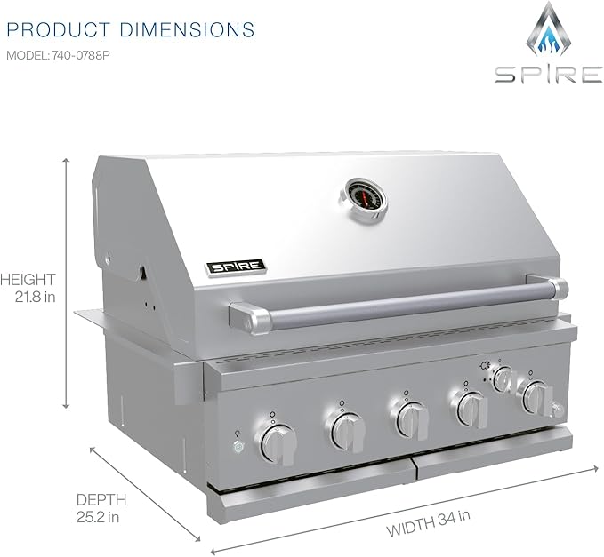 Spire Premium 5 Burner Built In Gas Grill Island Head, Stainless Steel 30 Inch Propane Grill with Rear Burner, 63,000 BTUs, 750 SQ In Racks, Dual Fuel Compatibility - 740-0788P