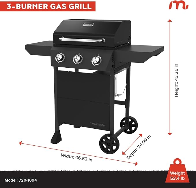 Megamaster 3-Burner Propane Gas Grill with Side Tables, 30,000BTUs, 429.81 SQ. In. Cooking Space, 2 Wheel Transport, Outdoor Kitchen Grill for BBQs, Backyards, Tailgating, and More - 720-1094