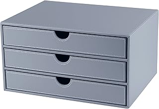 Leather Desk Organizer with 3 Drawers/Tray, Executive Office Supplies Desktop Filing A4 File Cabinet/Holder, Stackable Storage Box Grey (Gray)