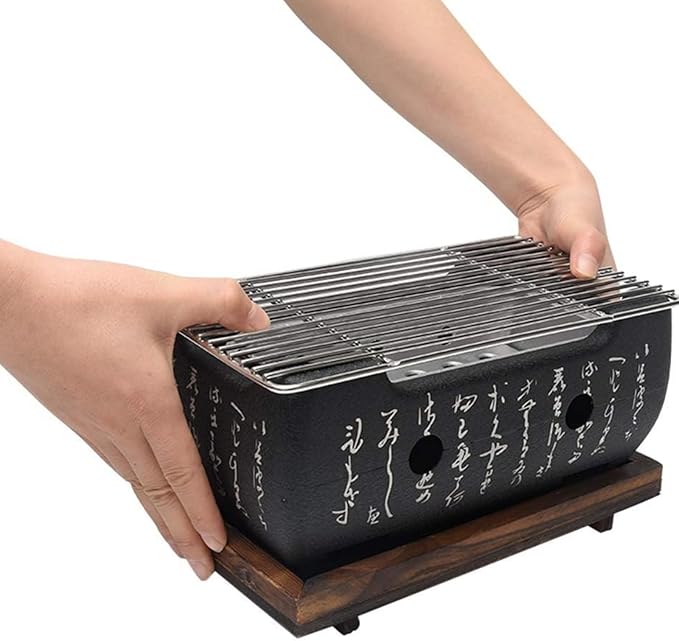 Japanese Style Hibachi Grill, Portable Tabletop Yakitori Charcoal Grill for Indoor Outdoor BBQ with Wooden Base & Wire Mesh 4.9x4.5x9.4in