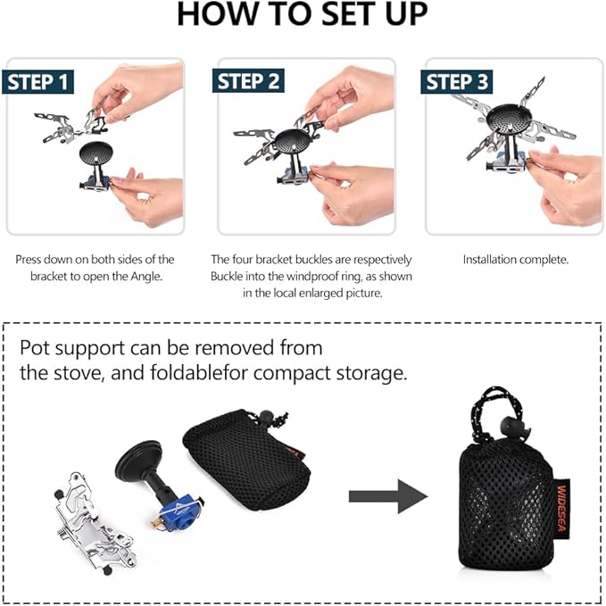 Widesea Portable Camping Stove with Canister Stand & 4 Detachable Legs Mini 3300W Power Backpacking Stove with Electronic Ignition Ultralight Compact for Outdoor Cooking, Hiking, Picnics