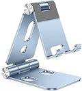 OMOTON Foldable Cell Phone Stand, C4 Portable Aluminum Phone Holder, Adjustable Phone Dock Cradle Compatible with iPhone 17/16/15 Pro Max Air, Samsung Galaxy, Small Tablets, Smart Phones, Light Blue