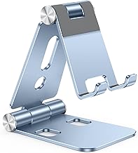 OMOTON Foldable Cell Phone Stand, C4 Portable Aluminum Phone Holder, Adjustable Phone Dock Cradle Compatible with iPhone 17/16/15 Pro Max Air, Samsung Galaxy, Small Tablets, Smart Phones, Light Blue