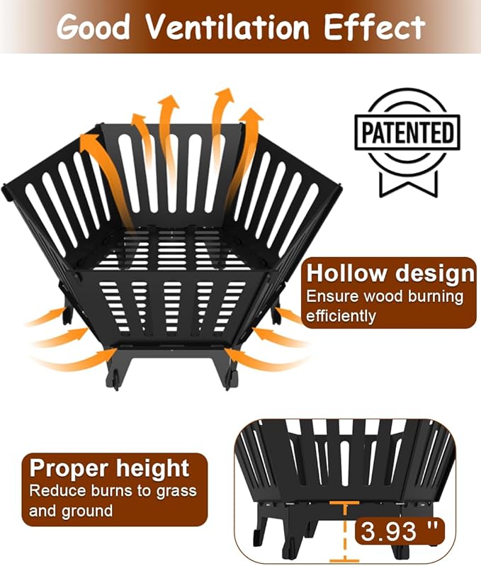 22.5 Inch Portable Hexagon Fire Pit with Travel Bag — Smokeless Patented Design Outdoor Wood Burning Fire Pit for Camping, Backyard, Patio, Bonfire, Picnic and BBQ, Vertical Hollow Style