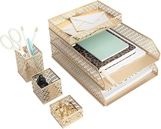 BLU MONACO | Gold Desk Organizer Set for Women 6 Piece | Mail Sorter Organizer Countertop with Letter Sorter for Desk | Steel Desktop Organizer with Mesh Pen Holders